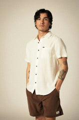 Brixton Charter Organic Cotton Linen Blend SS Shirt Men Egret White