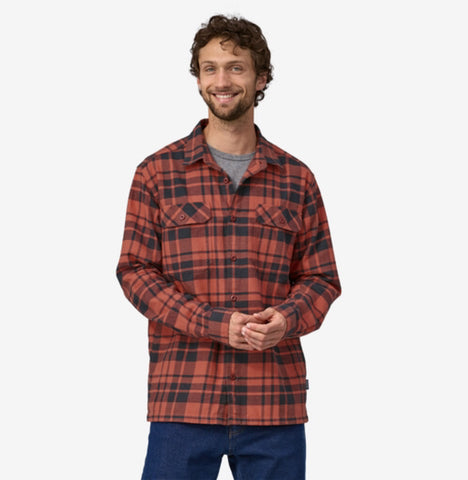 Patagonia Fjord Organic Cotton Flannel Mid Weight L/S Shirt Men Ice Caps Burl Red