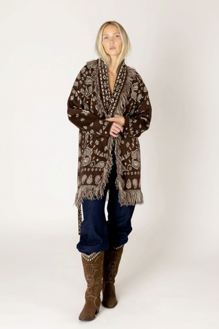 Lyla + Luxe Fair Isle Bandana Print Cardi Women Chocolate