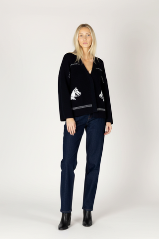 Lyla + Luxe Fair Isle Horse Print Open Cardi Women Navy/Off White