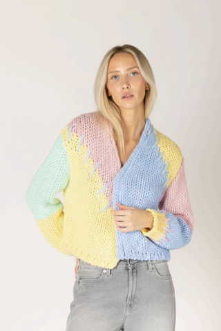 Lyla + Luxe Hand Knit Open Patch Cardi Yellow/Pink/Blue