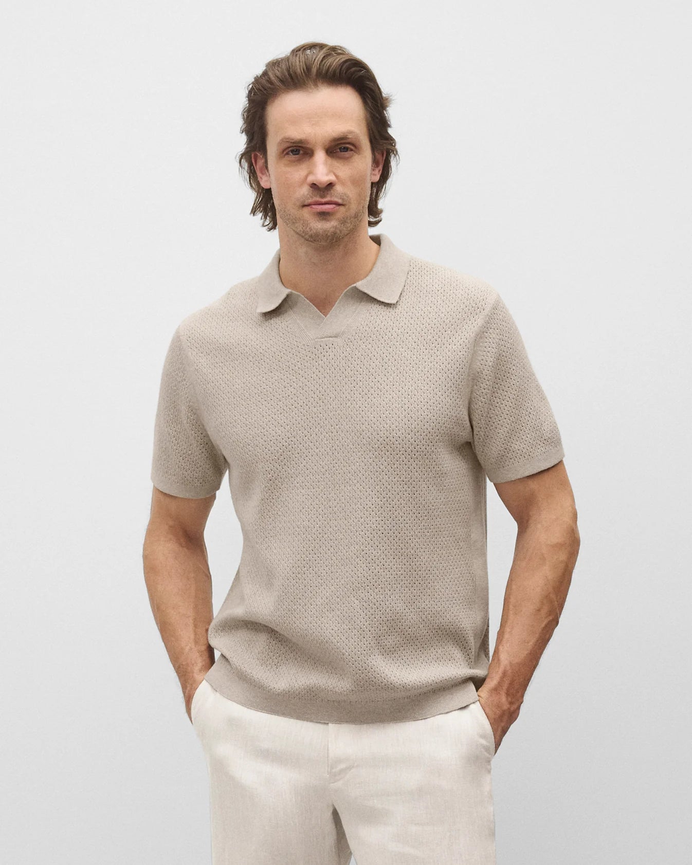 Reigning Champ Cotton Linen Victor Polo Men Heather Oatmeal
