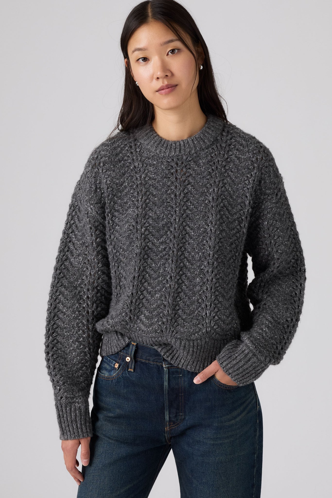 Levi's Charlotte Pointelle Crewneck Sweater Women Dark Charcoal Heather Silver/Grey