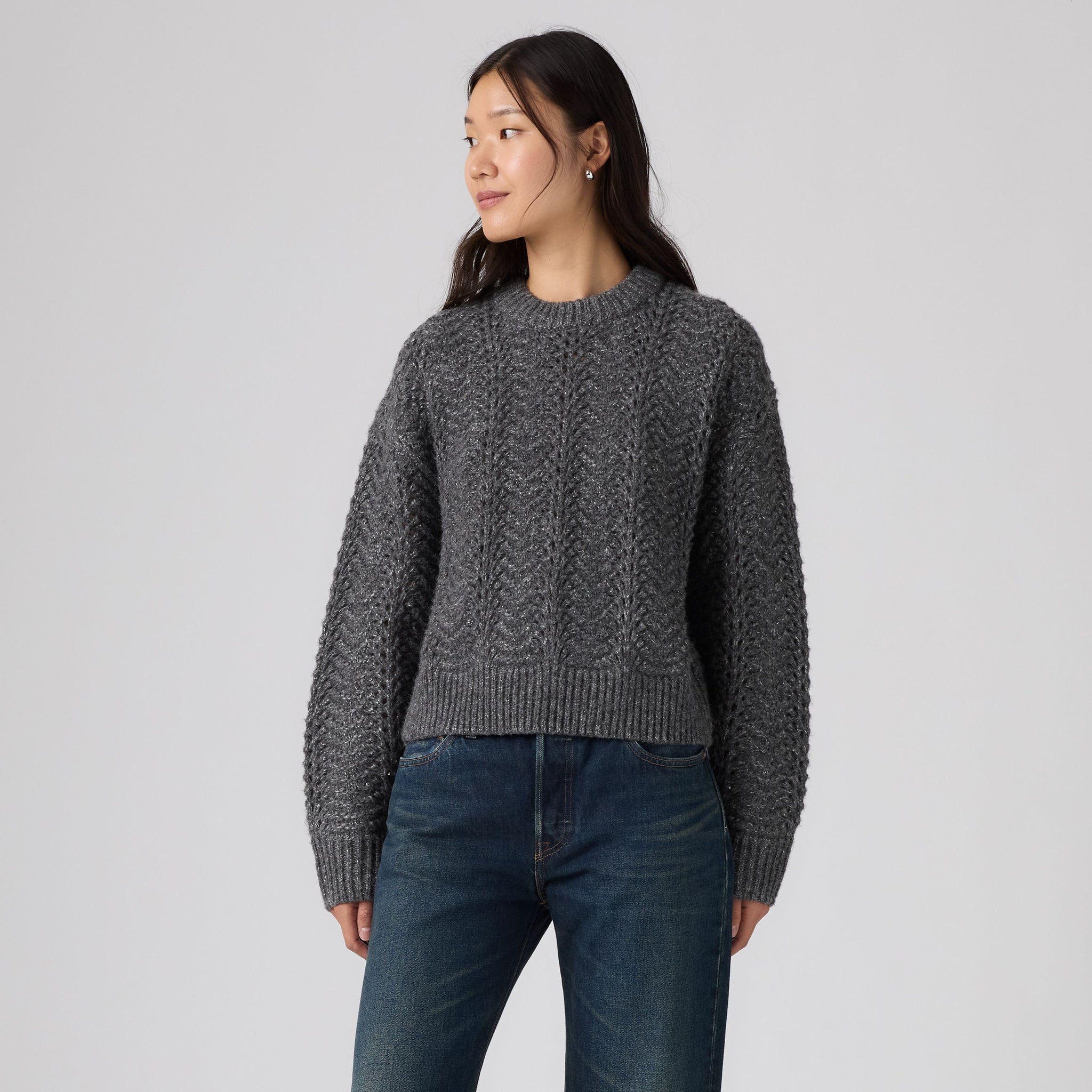 Levi's Charlotte Pointelle Crewneck Sweater Women Dark Charcoal Heather Silver/Grey