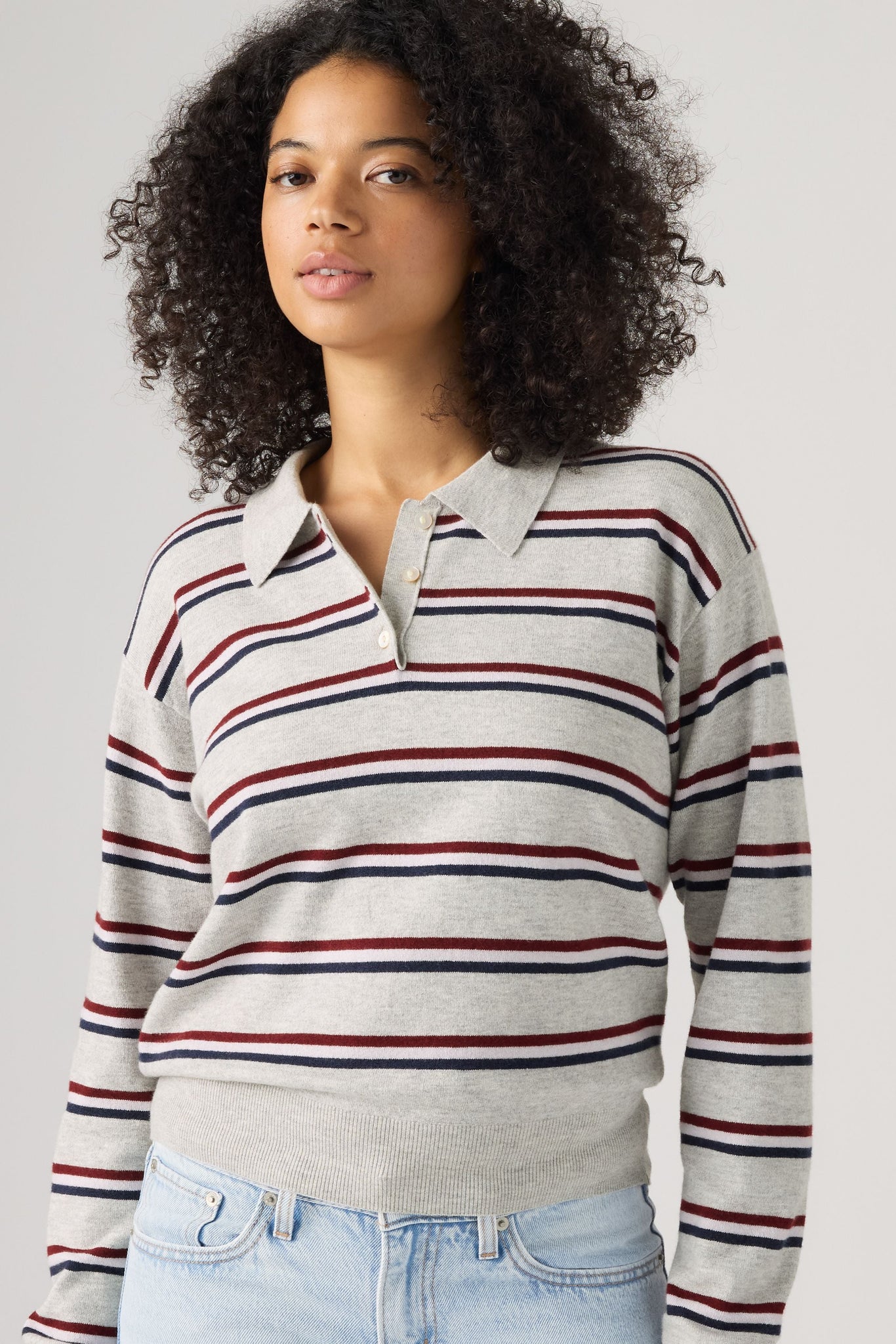 Levi's Super Soft LS Polo Women Jade Stripe Light Grey